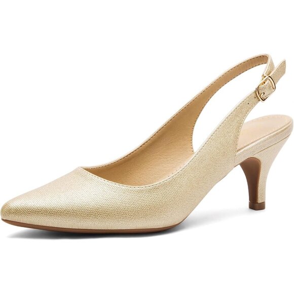 🆕 Women Gold Low Heel Pump Closed Pointed Toe Kitten Wedding Party Dressy Sexy - Picture 1 of 6